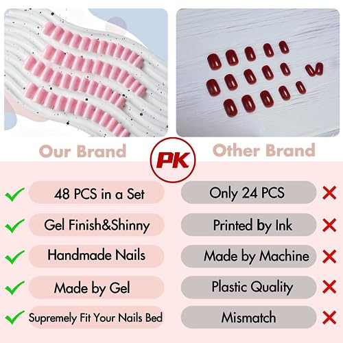 48Pcs Wine Red Press on Nails Short Square Fake Nails, square glossy wine red