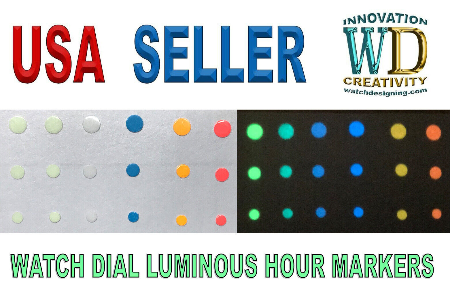 12 Watch Dial Hour Markers GREEN BLUE LUME Numerals Dots parts replace 3 Sizes