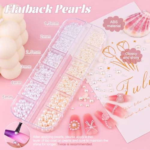 Flatback Pearls (White+Beige) 17 Silver Gold Nail Beads and Beige White Pearls