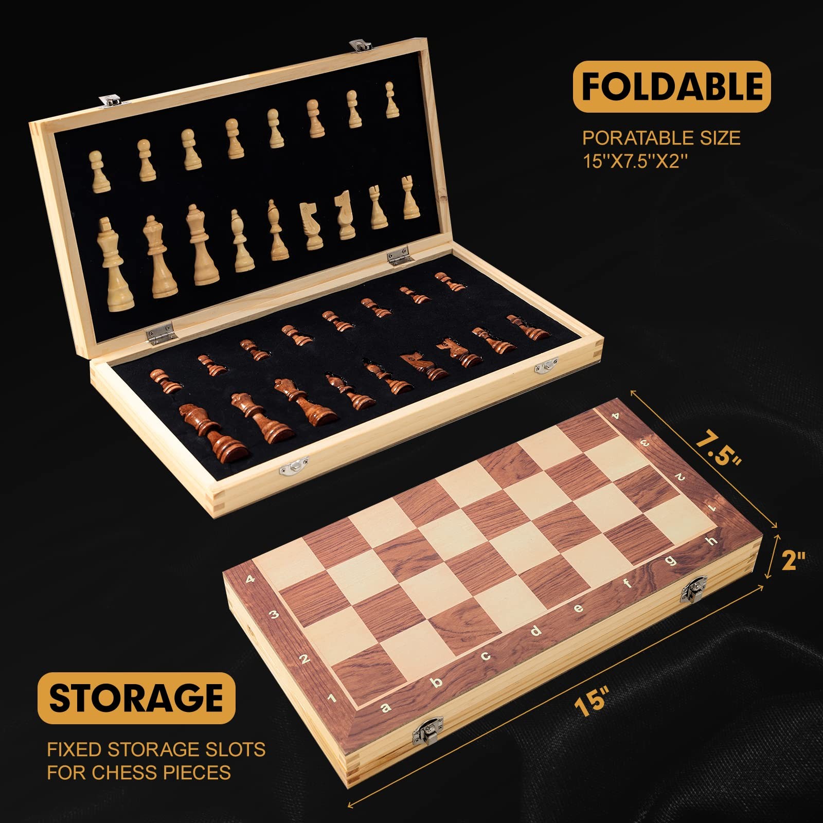 15″ x Magnetic Wooden Folding Chess Set with 2 Extra Queens, 15”, Bronze