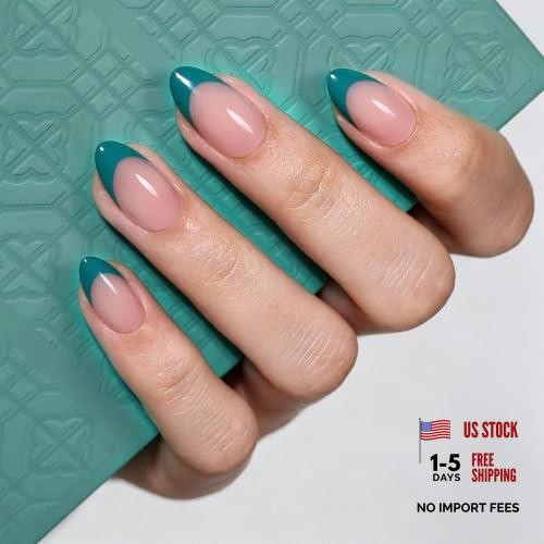 32Pcs Press On Nails Soft Gel Fake Nail – Short Almond, Teal Blue – 4-Teal Blue