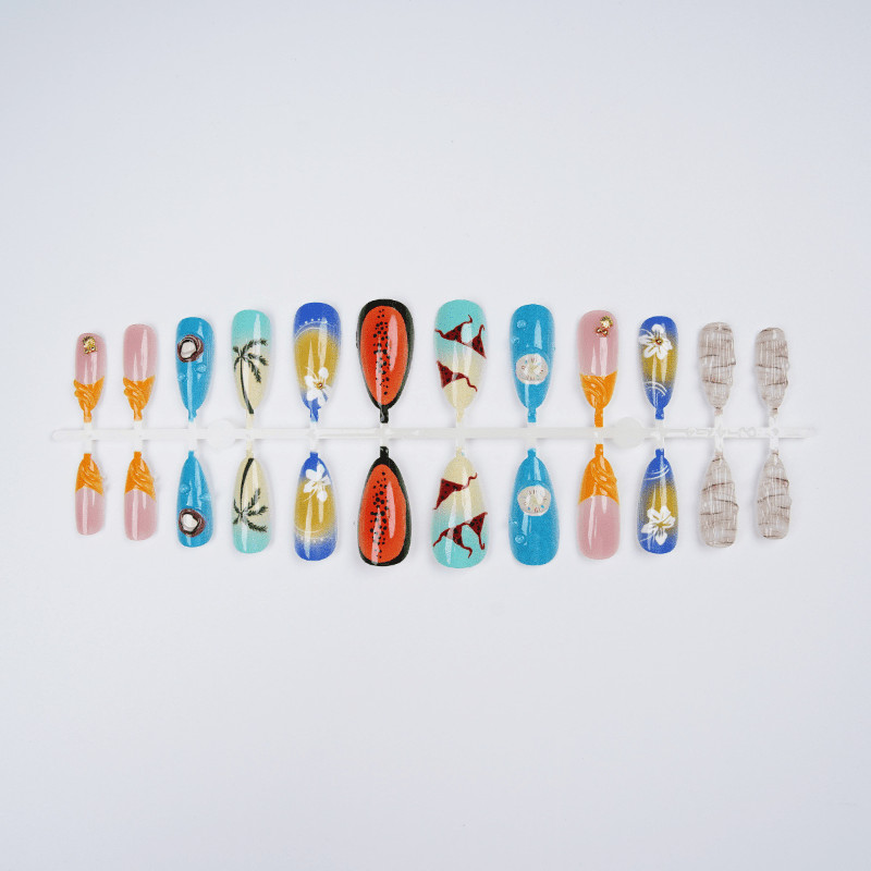 48pcs-Press on Nails Tropical Beach Palm Tree Hibiscus Bikini Shell Design Set