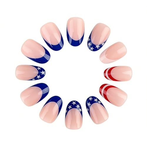 4th of July Press On Nails – Short Almond False Nails – NEWSPIED Design Style-14