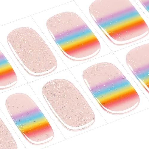 Semi Cured Gel Nail Strips Rainbow Gradient Glitter Spring Gel Nail Iris Veil