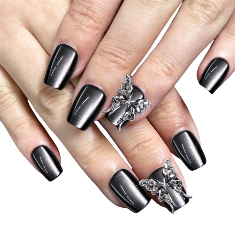 10Pcs Cats Eye Press On Nail 3D Butterfly Metallic Gray Square Artificial Nail
