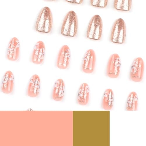 24Pcs Press on Nails Short Almond Shape Fake Nails with Flower Designs Glitter
