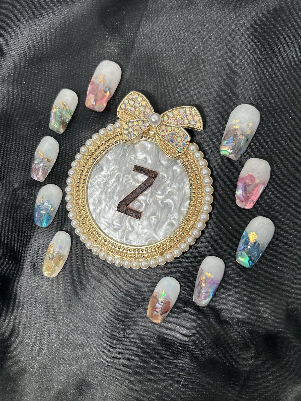Z NAILZ! Handmade Gorgeous Milky White & Encased Abalone Shell Press On Nails