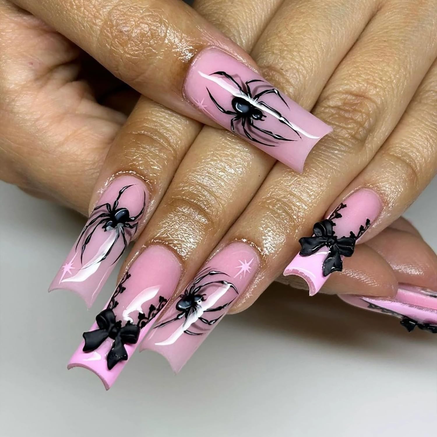 Halloween Pink French Tip Press on Nails Long Square Shaped Fake Nails Spider…