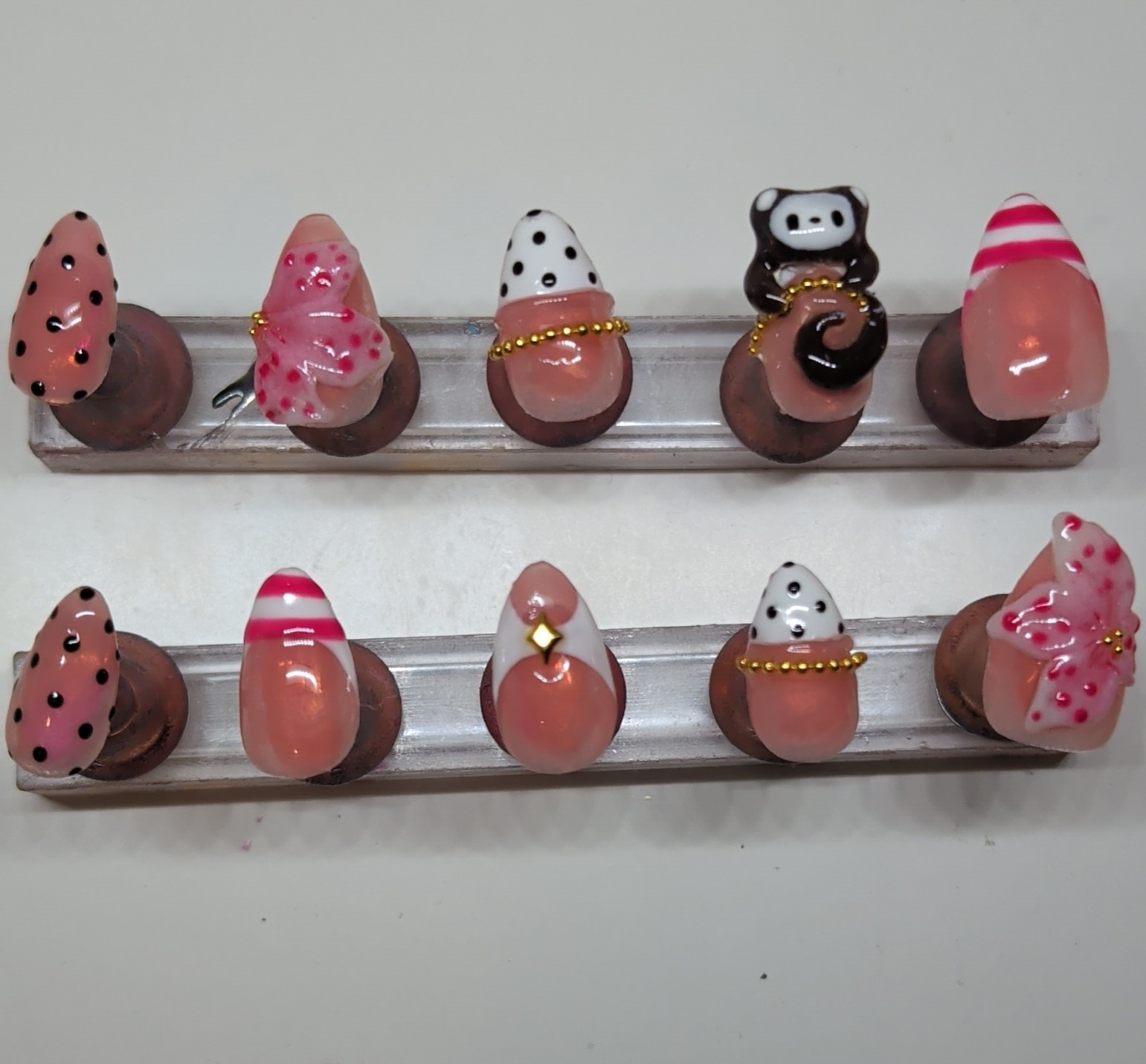 10 Piece Short Almond Press-On Nails, 3D Animal Theme, Pink White Black Gold