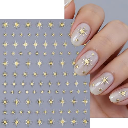6 Sheets Shiny Star Nail Stickers for Nail Art 3D Glitter Gold diamond star