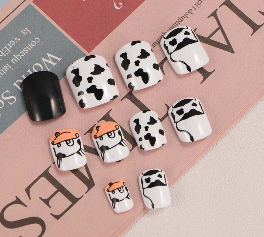24 Cow Print Short Black White Press On nails design gothic ima cow moo doja cat