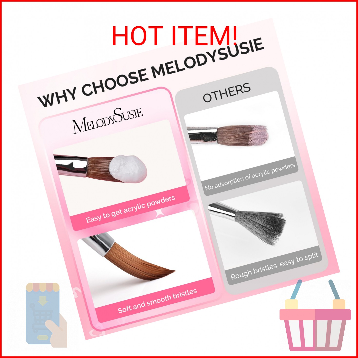 MelodySusie 3-Piece Acrylic Nail Brush Set – Sizes 8/10/14, Professional Nail Ar