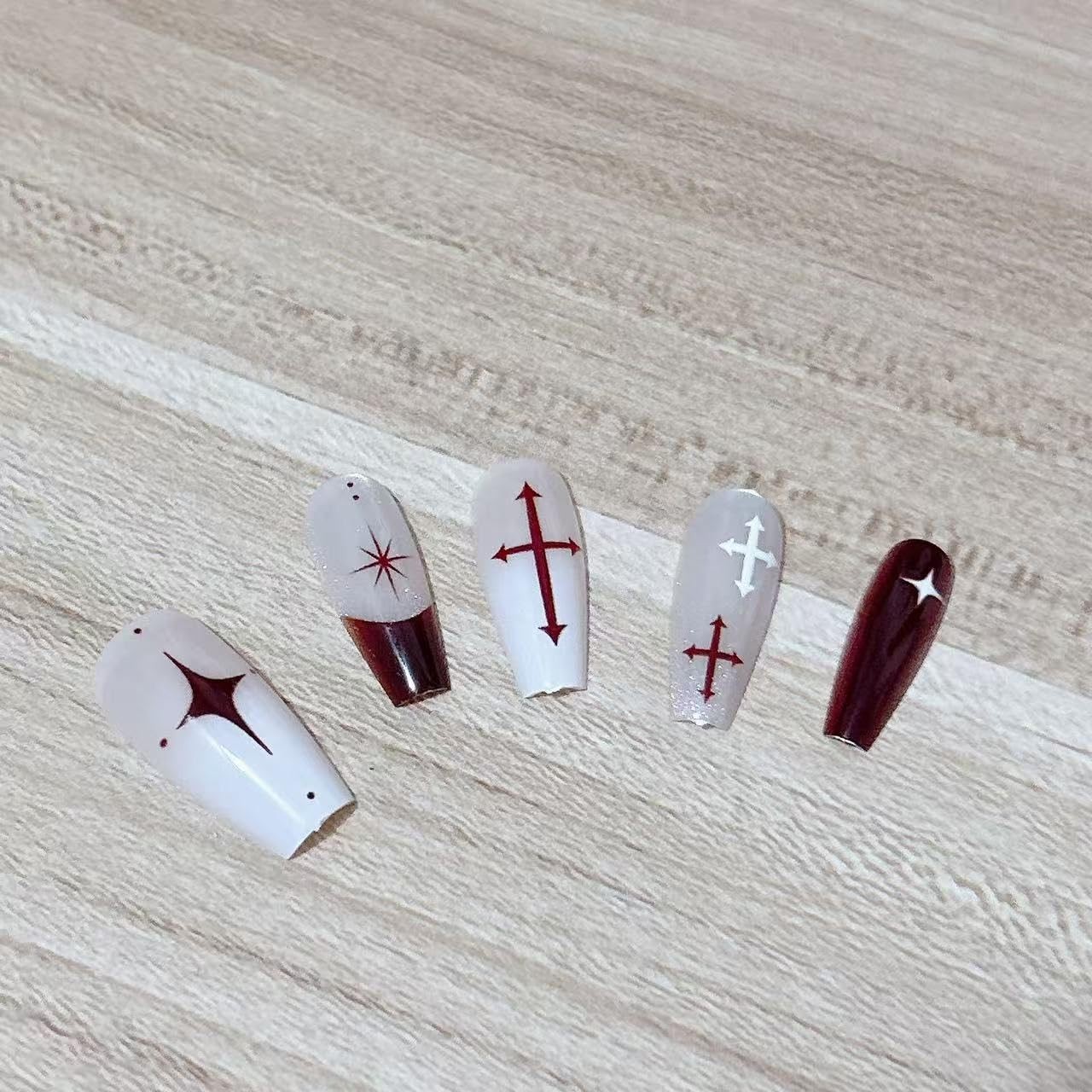 French Tip Press on Nails Dark Red Cross Stars Design Medium Gradient for Glo…