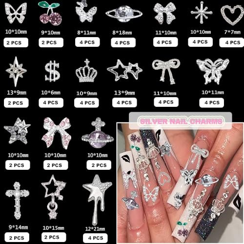120 Pcs Silver Gold Nail Charms 3D Butterfly Cherry Star Bow Cross Planet