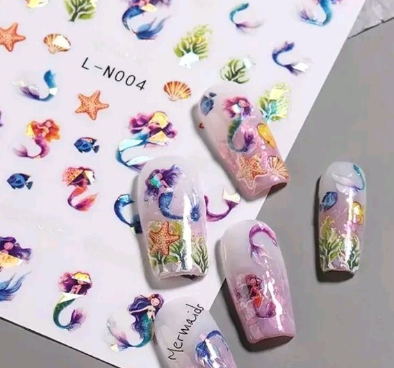 2 Sheets Mermaid Nails Transfer Images Nautical Sticker Sea Shell Beach Fake