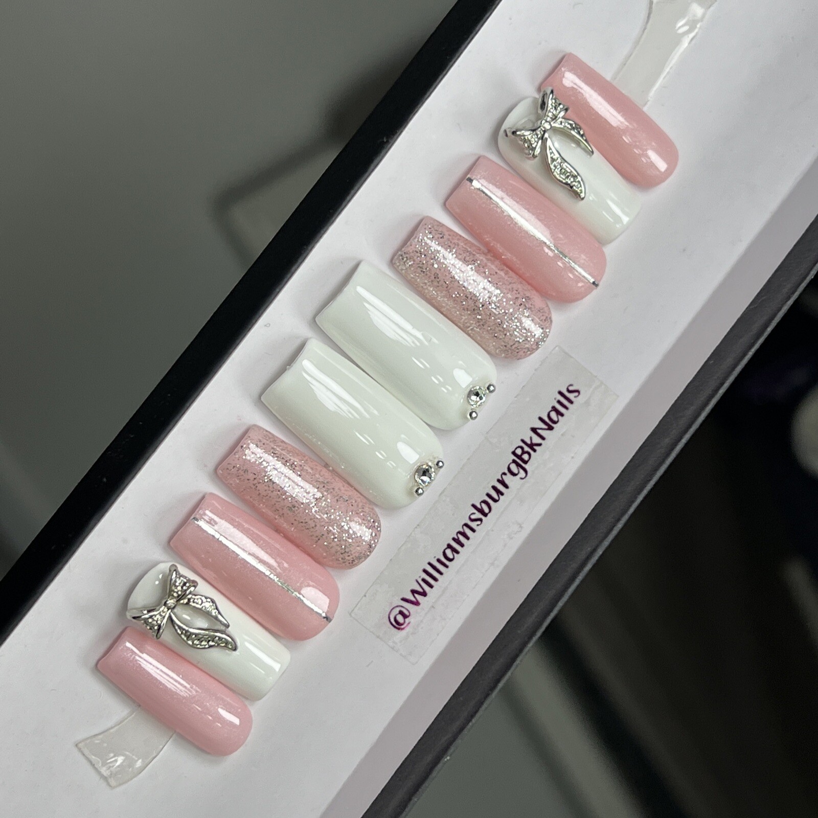 🎀 CUSTOM Gel Press On Nails, Pink BOW W/ Bling 10p set FULL SET W Kit