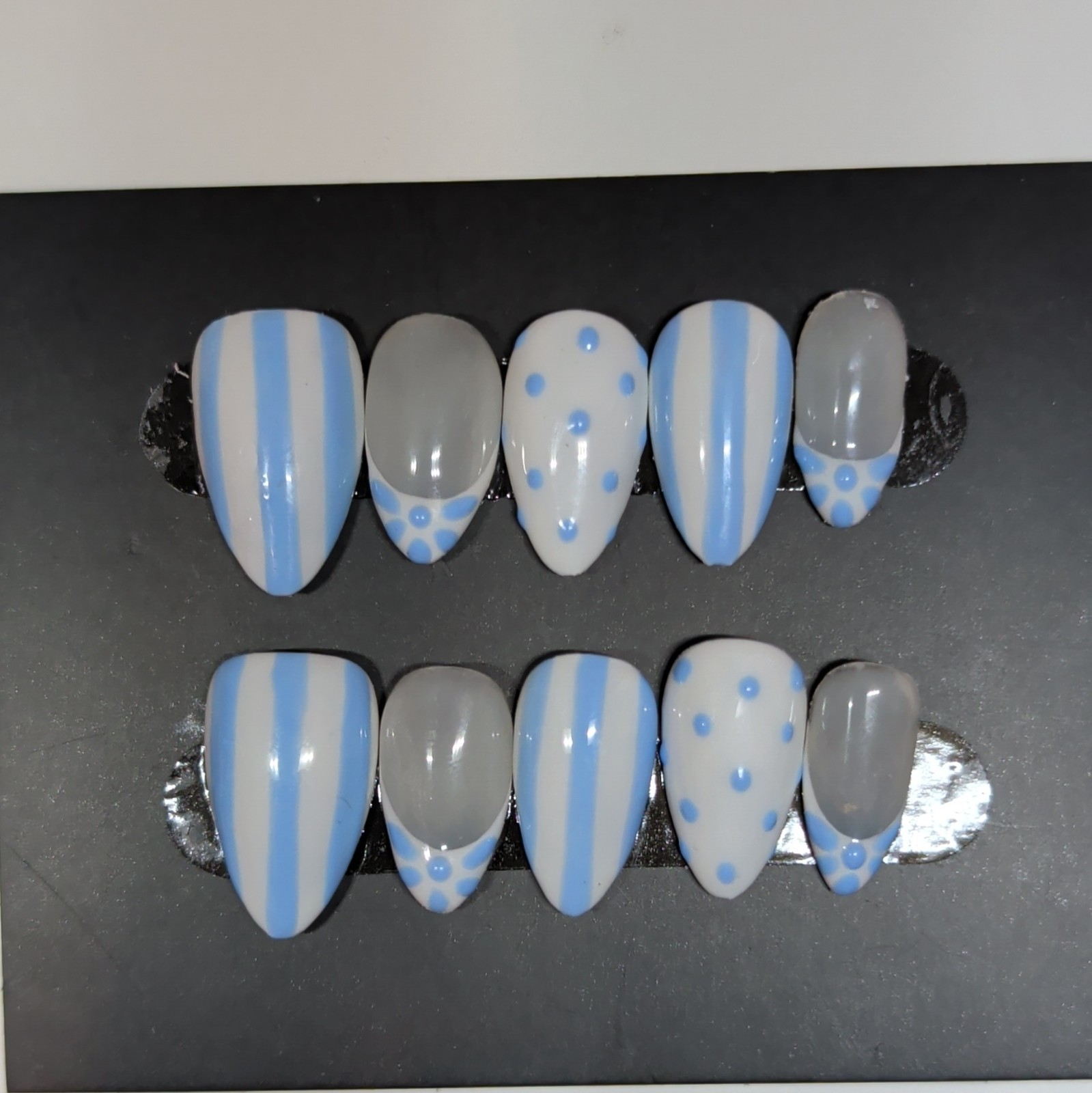 10 Piece Medium Almond Press-On Nails, Full Cover Shiny Blue White Polka!