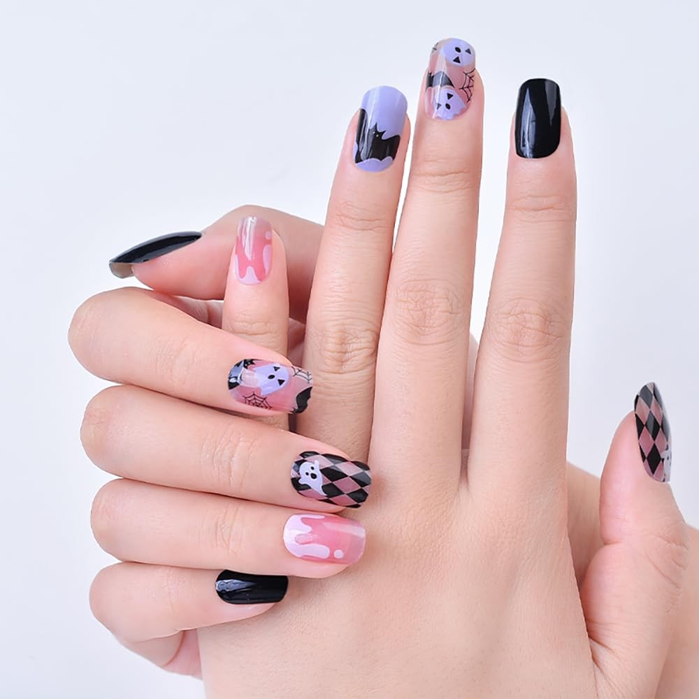 Halloween Semi Cured Gel Nail Strips, Cute Bat Ghost UV Nail Wraps – Long Las…