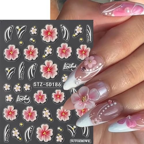 2 Sheets 5D Flower Nail Stickers for Nail Art Self-Adhesive Embossed Stickers-5