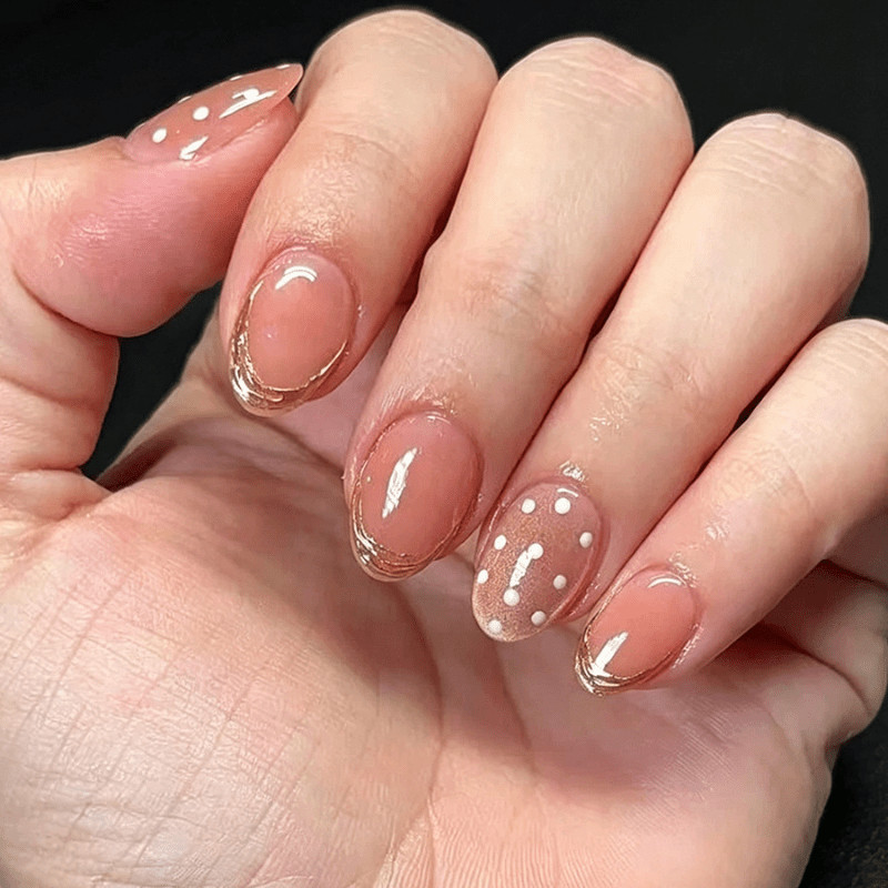 48Pcs-Short Almond Nude Pink Gold Trim White Polka Dot Elegant Press on Nails