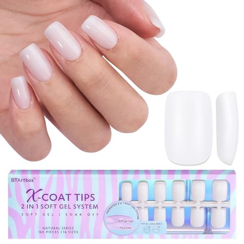 Square Gel Nail Tips Short – Pre Colored Milky White Soft Gel Nail Tips,