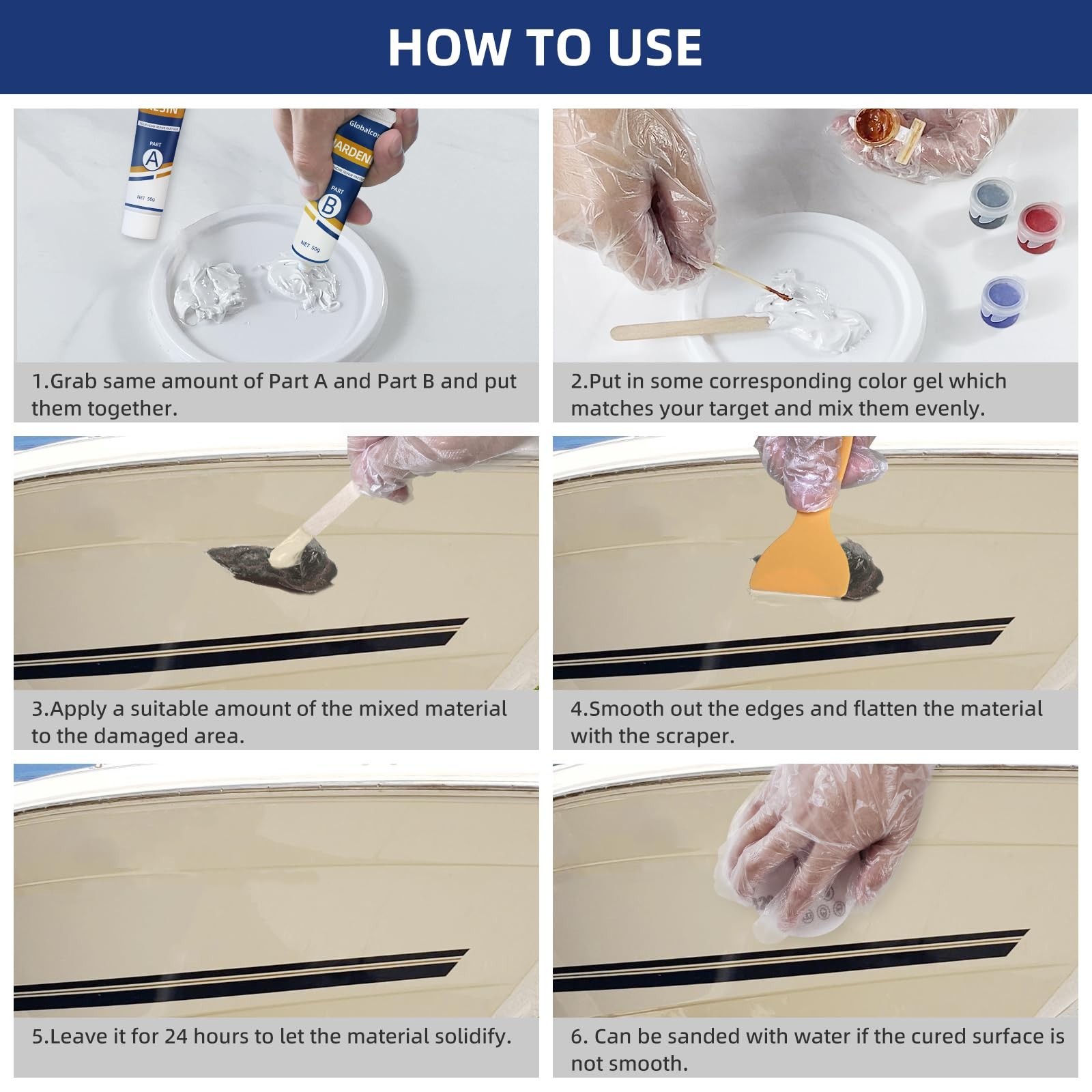 Globalcom Fiberglass Boat Repair Kit, (Color Match) Gel Coat Repair Kit for B…