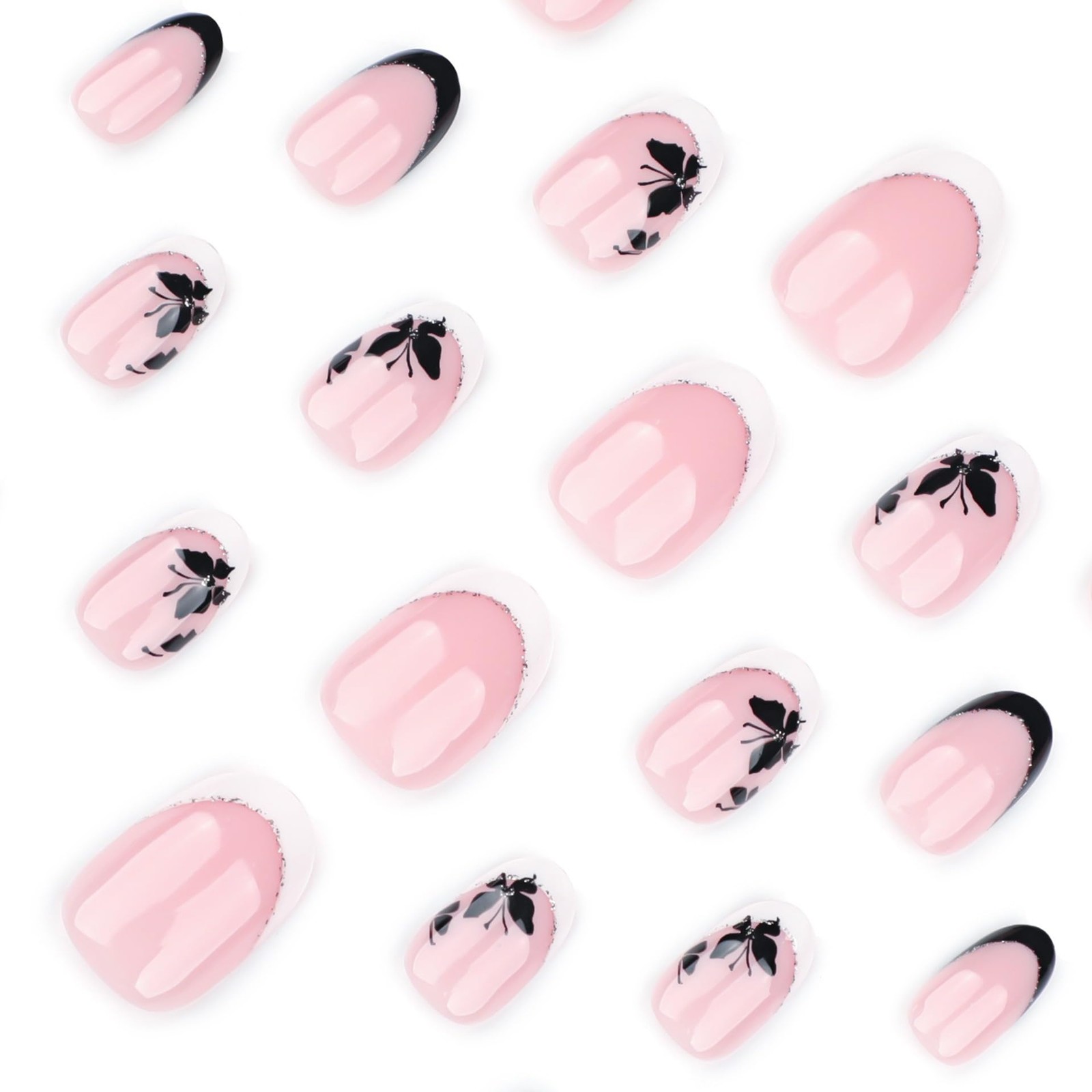 French Tip Press on Nails Short Oval Fake Nails with White Black colour62