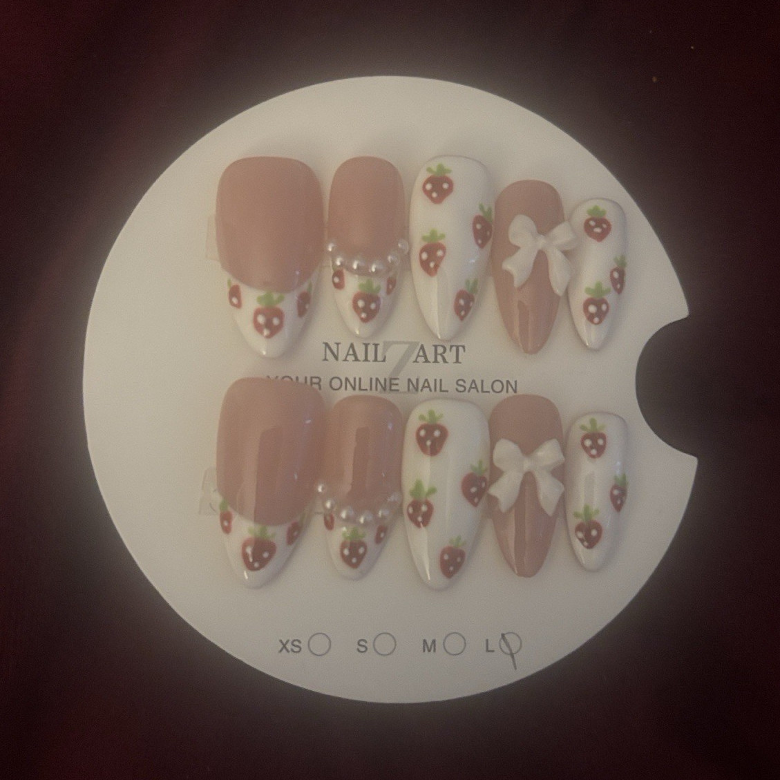 NAILZ ART Press-On Nails Set Strawberry Brown/White/Red/Green 3D Long Almond