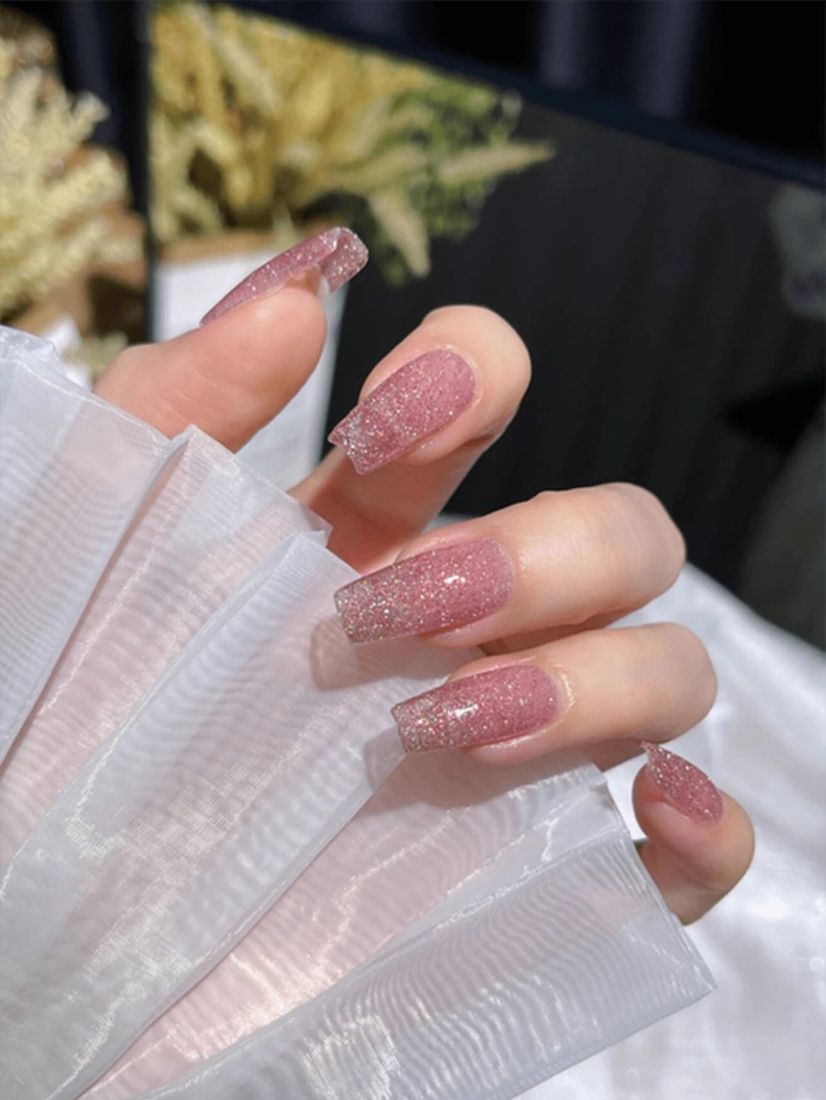 Medium Press on Nails, Pink Glitter Fake Nails Medium Coffin Sparkly Nails Pr…