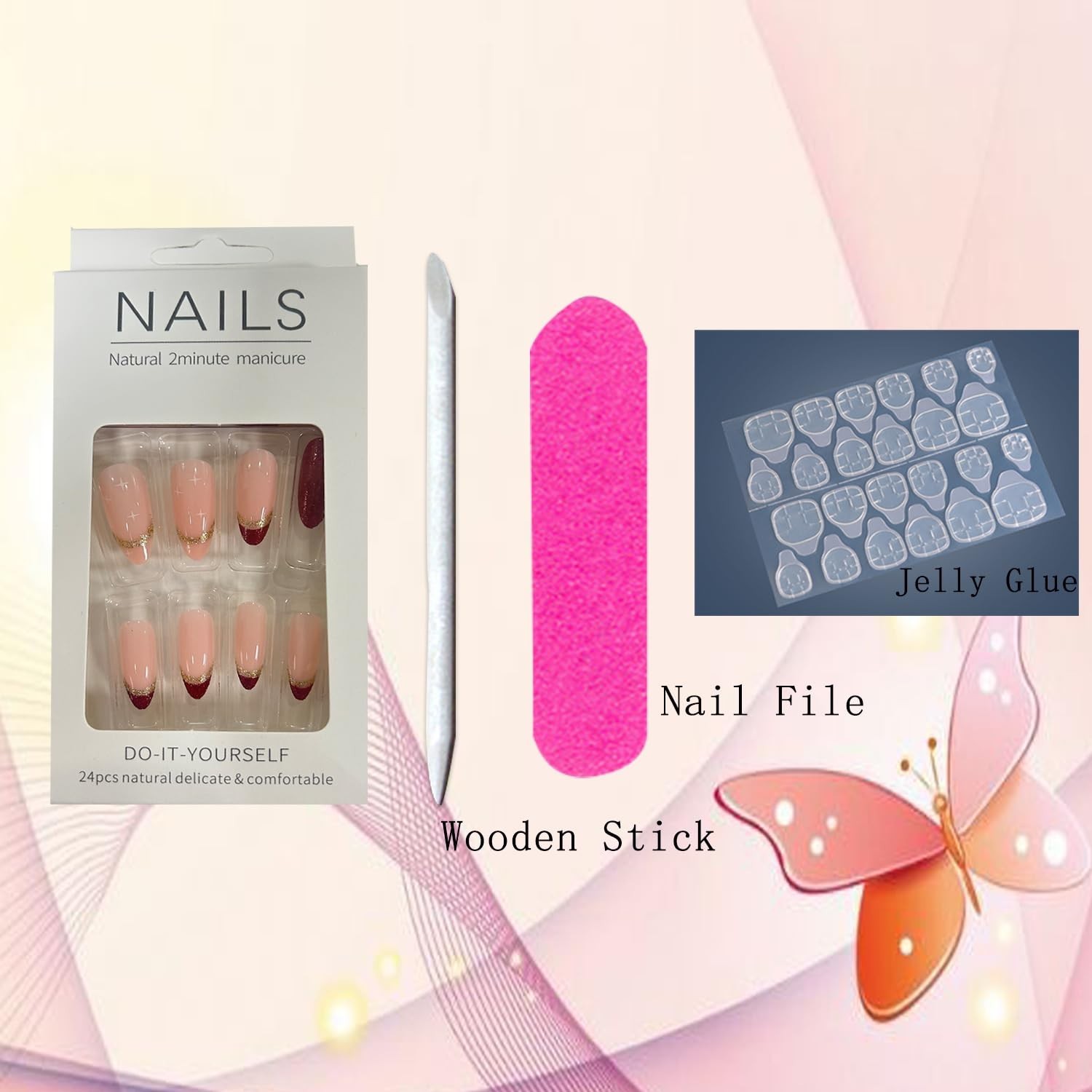 Press on Nails Tip Almond Medium Length, Artificial Fake Nails with Gold Sequ…