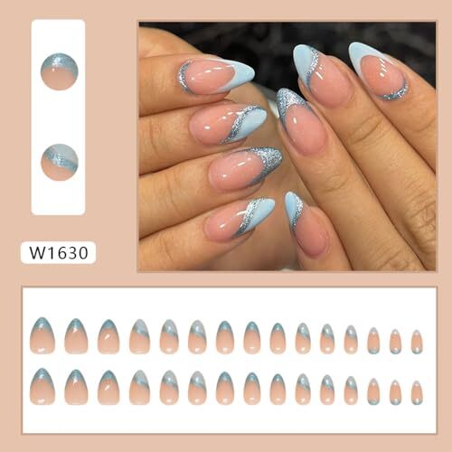 Light Blue French Tip Press on Nails Medium Almond – QUNQINLI Fake Design AB2