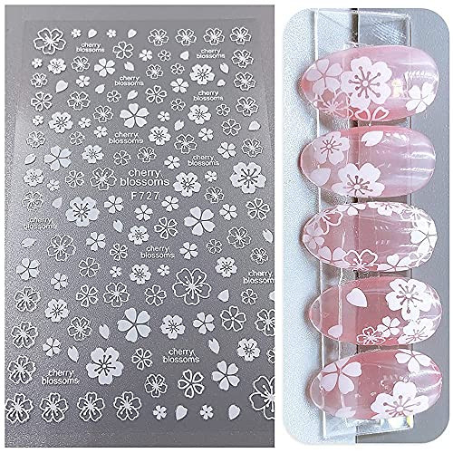 Flower Nail Stickers,3D White Cherry Blossoms Nail Decals Nail Art Supplies