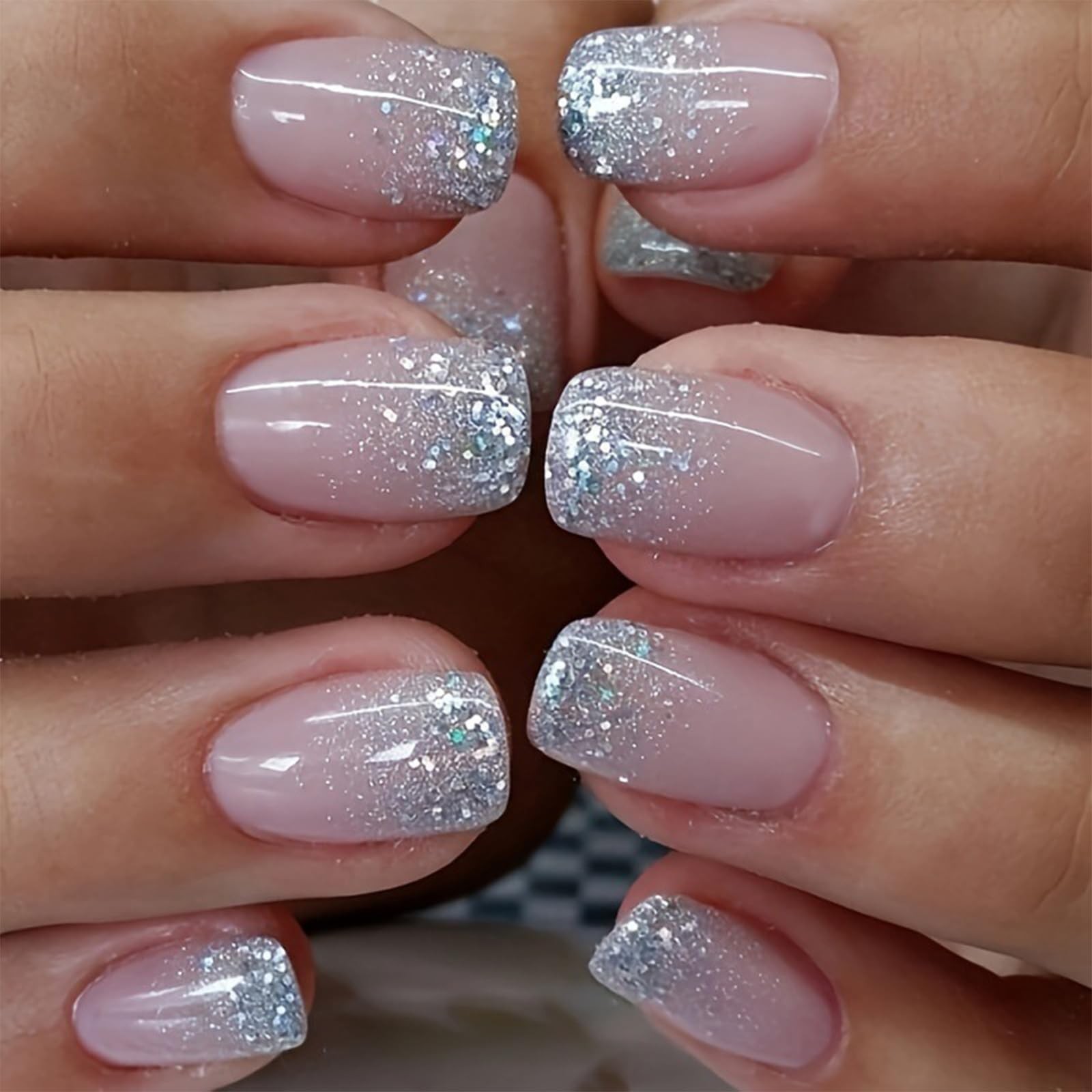 24Pcs Glitter Silver French Press on Nails Short Square Fake Multicolor