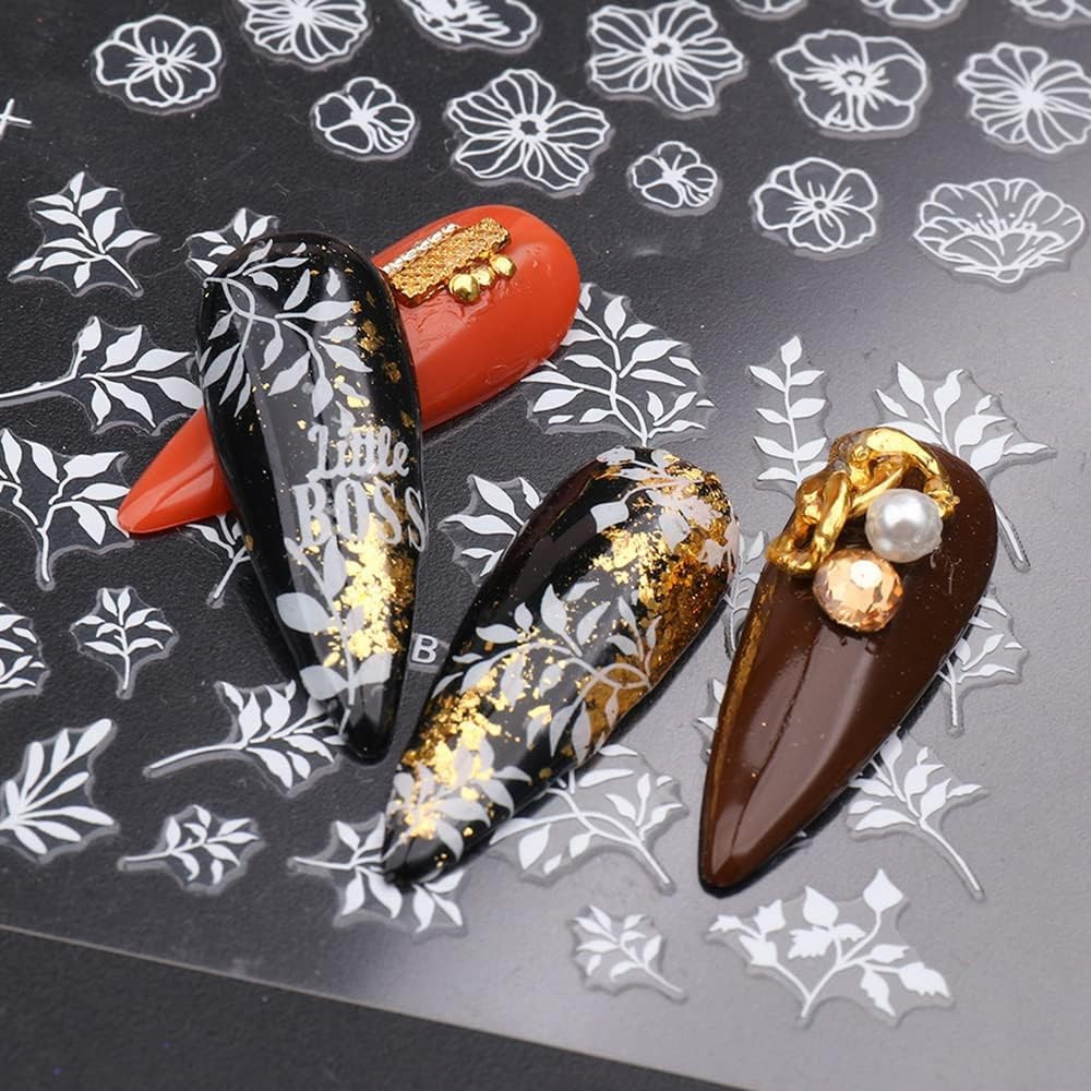 Flowers Nail Decals 3D Self-Adhesive White Floral Nail Art Stickers Wedding Lace