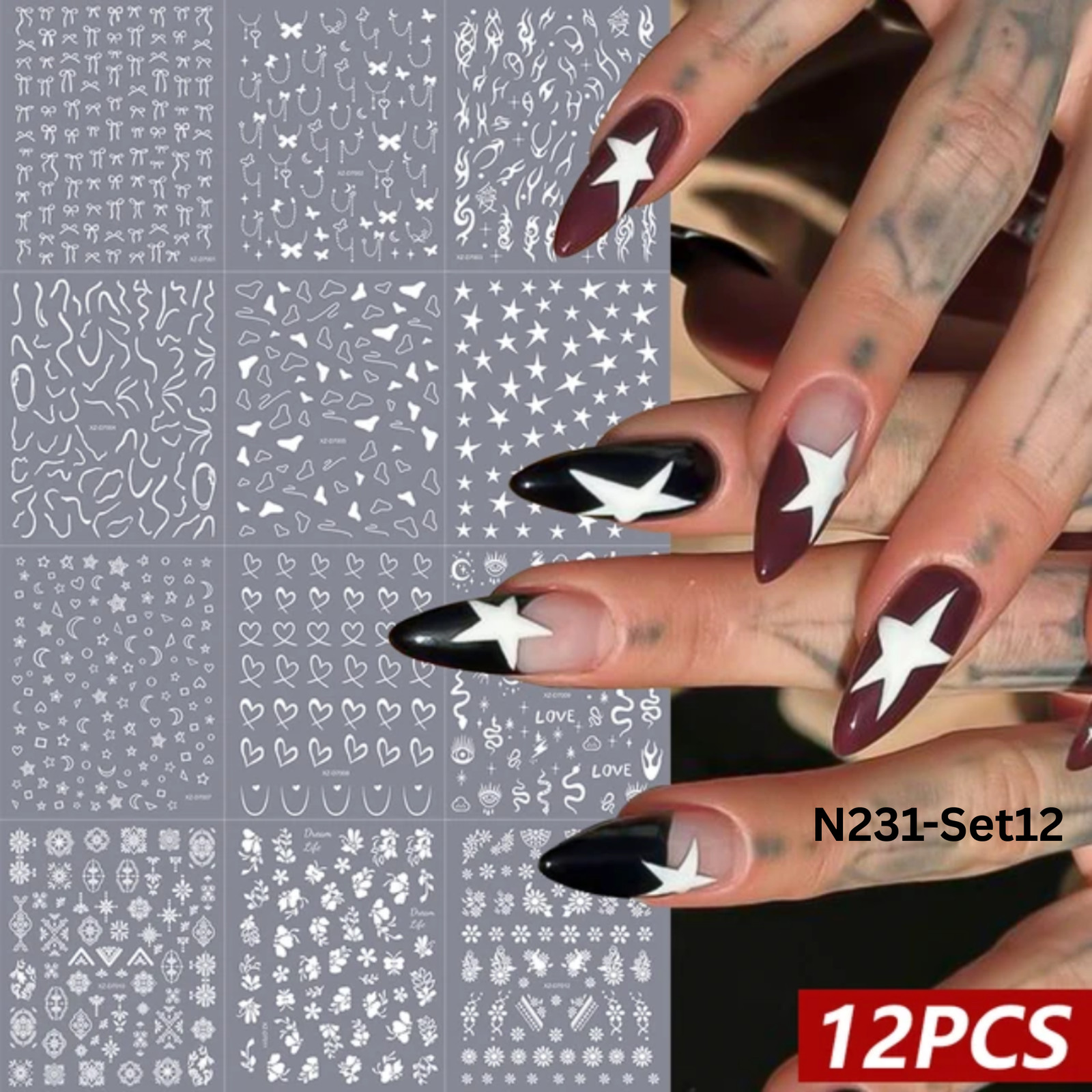12PCS Nail Art Stickers Set – Choose Gold Silver Black White – Self Adhesive 3D