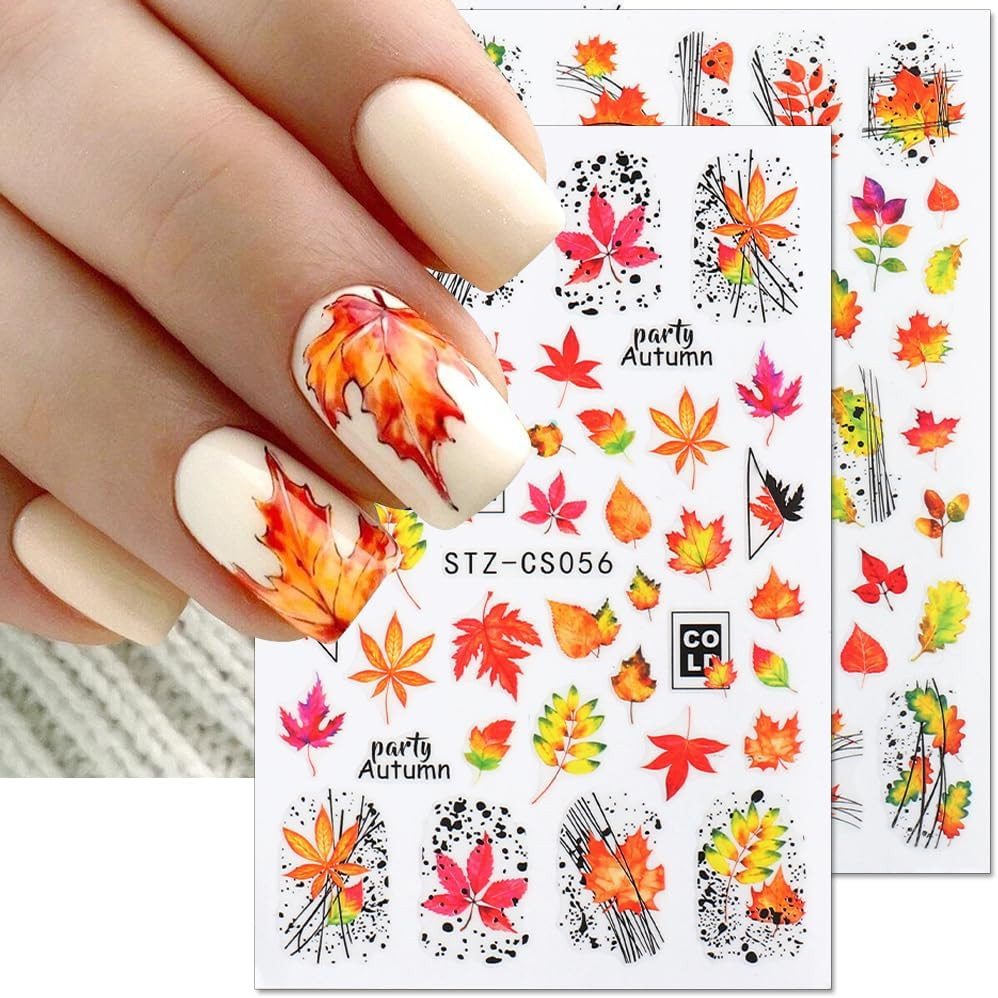 Maple Leaf Nail Art Stickers – Fall Nail Decals, Geometric Line Designs, Autumn