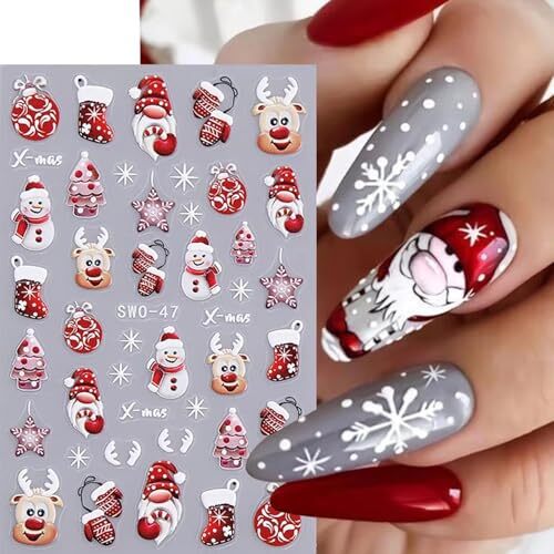 6Sheets Christmas 5D Embossed Nail Art Stickers Set, Shiny Cute Cute Christmas