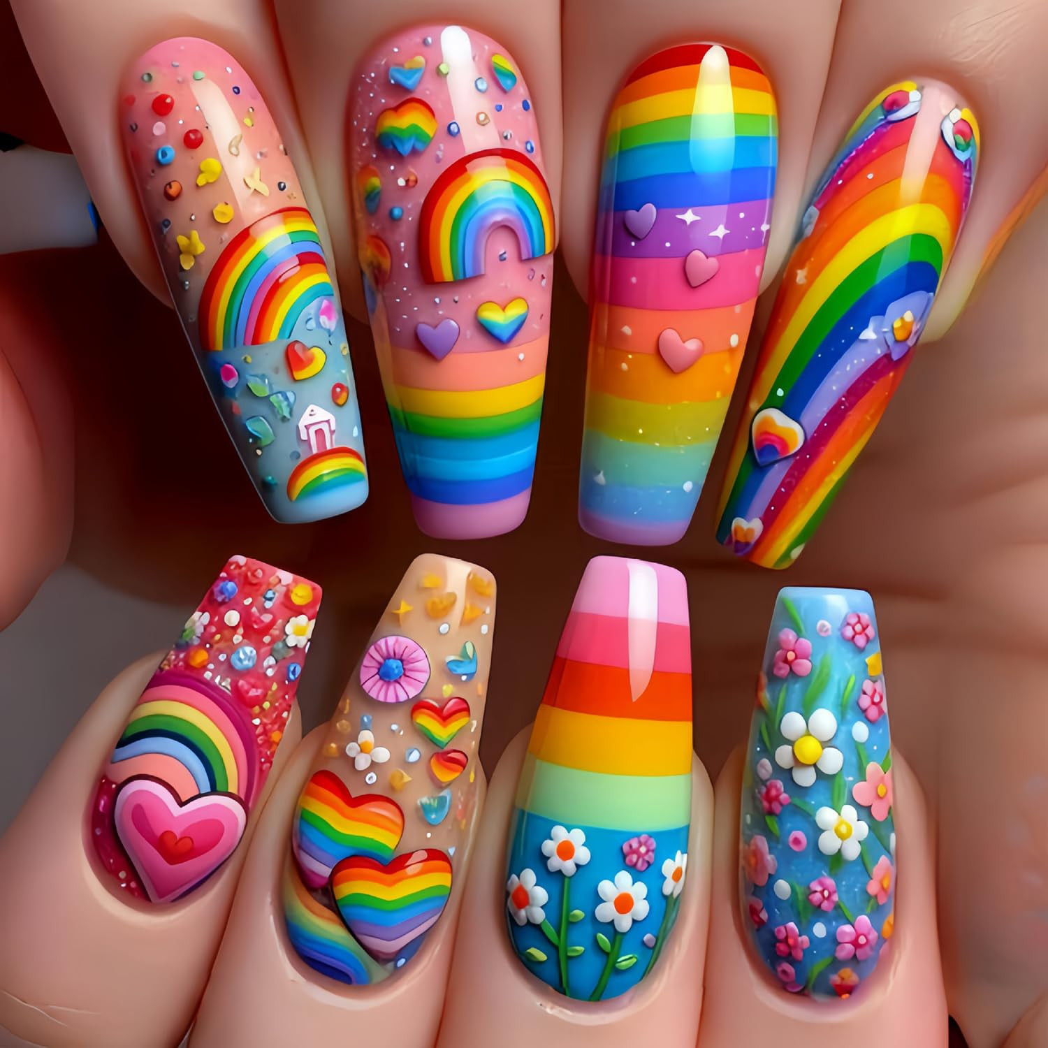 Rainbow Stripes Press on Nails Long Length Flower Love Heart Stripes Pattern Des