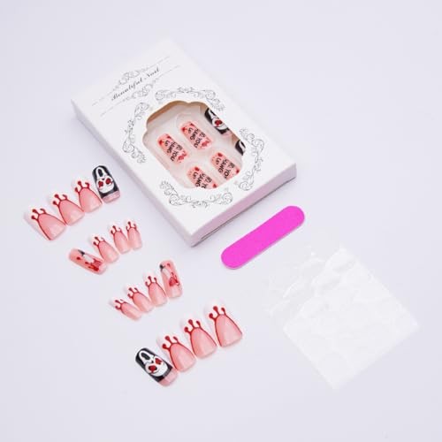 24Pcs Halloween Long Square French Tip Press On Nails, Bloody Ghost Design, Acry