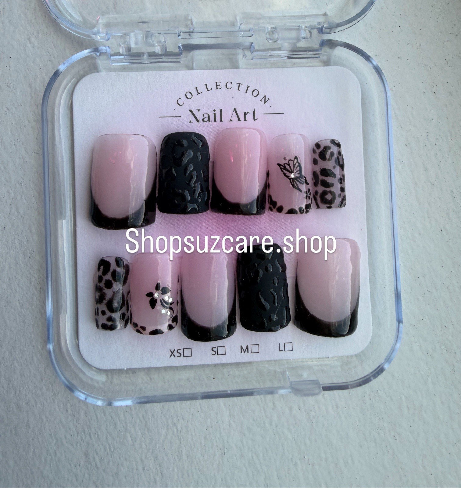 Pink Black Gray French Leopard Animal Square Acrylic Press-On Nails Handmade