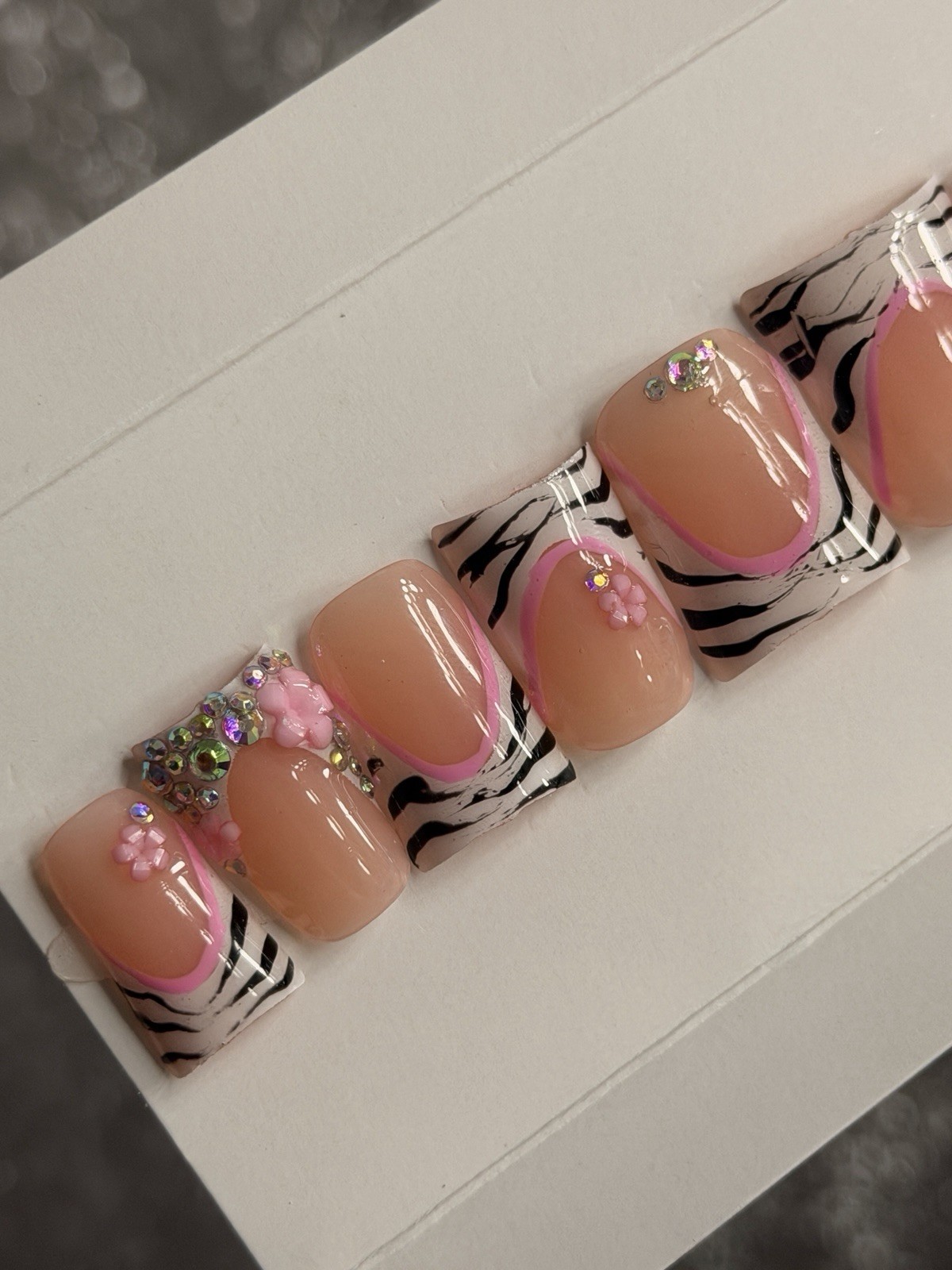 🎀 CUSTOM Hard Gel Press On False Nails French ZEBRA 10p Set SHORT DUCK W Kit