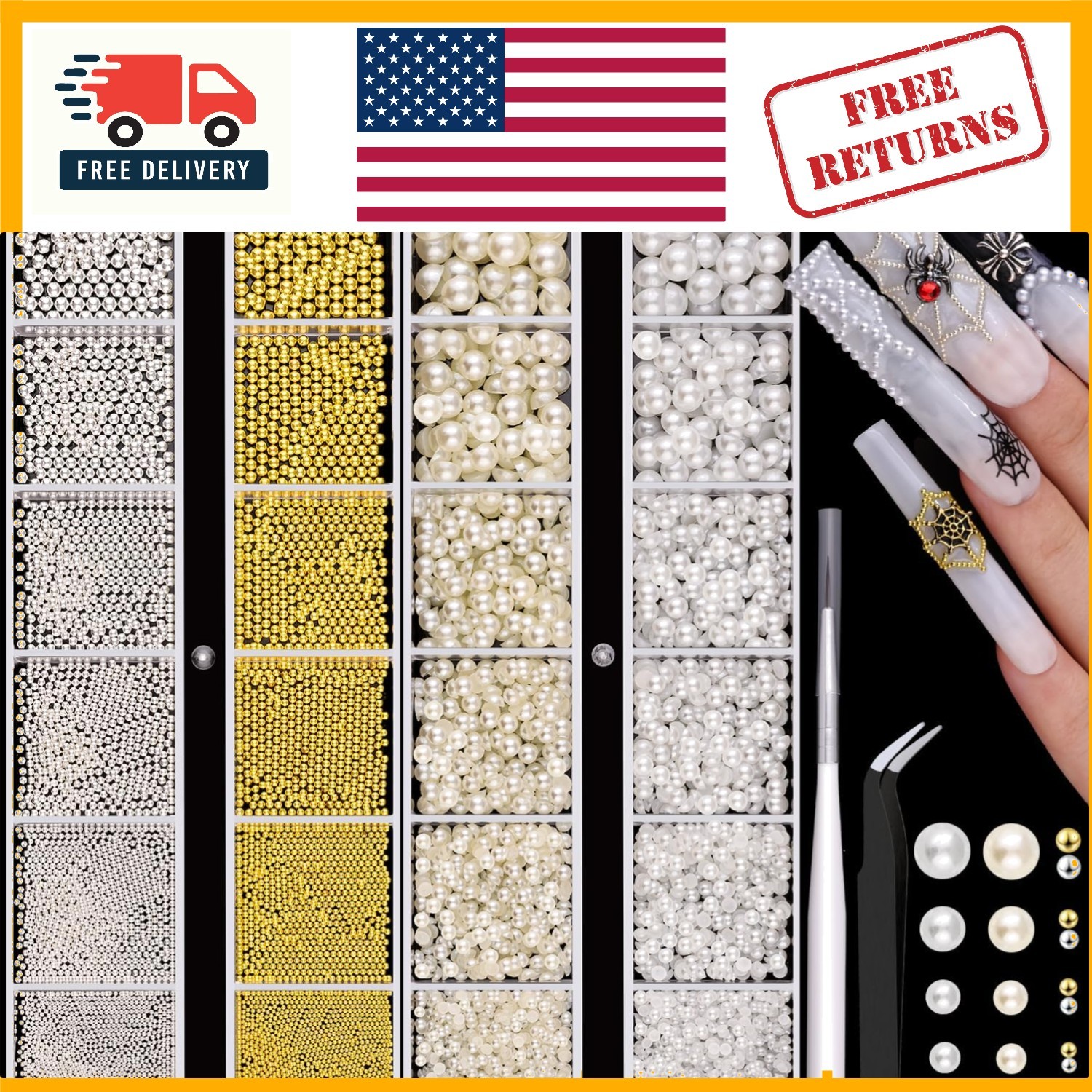 Luxurious Nail Art Set: Flatback Pearls & Metal Beads for Stunning Designs