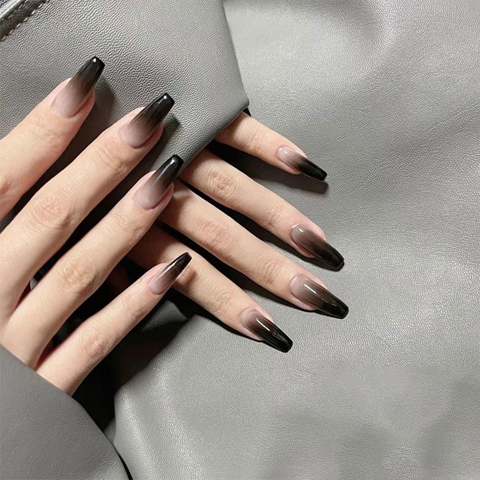 Press on Nails Long Black Gradient French Style Easy to Apply Reusable Fake Nail