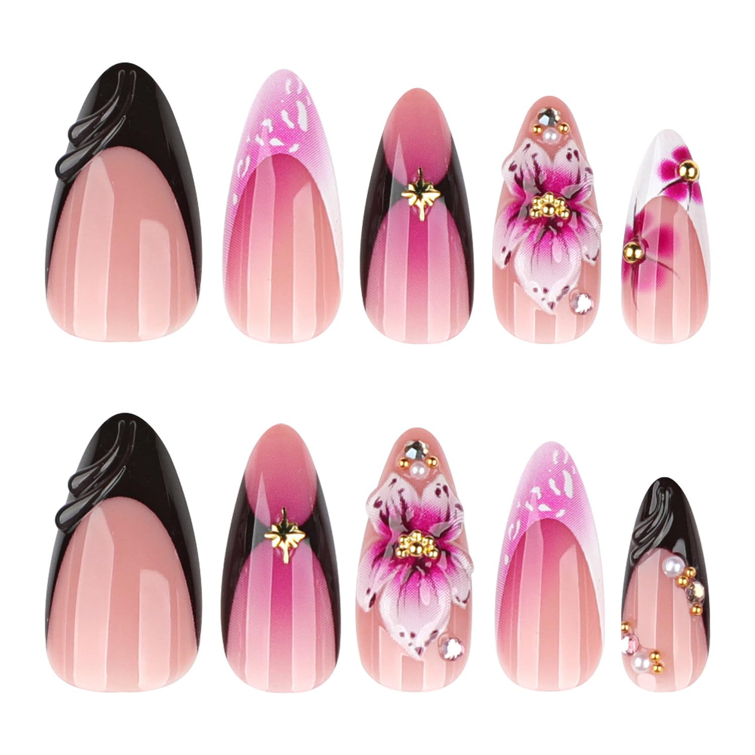 3D Purple Flower Press on Nails Medium Almond Fake Nail Black French Tip False N