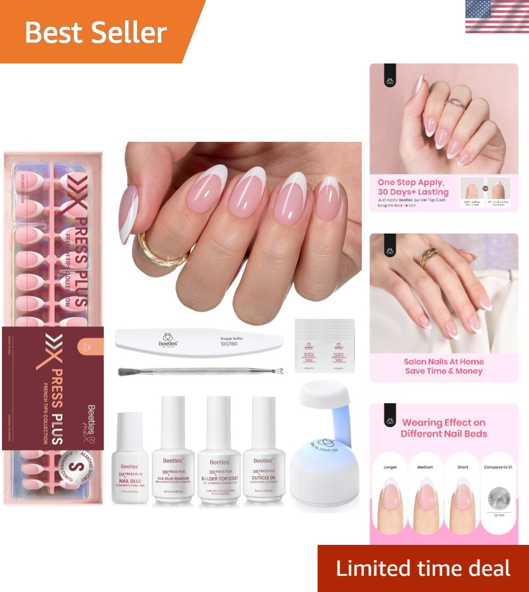 Beetles All-in-One Gel Nail Kit: 224 French Almond Press On Nails & Mini Lamp