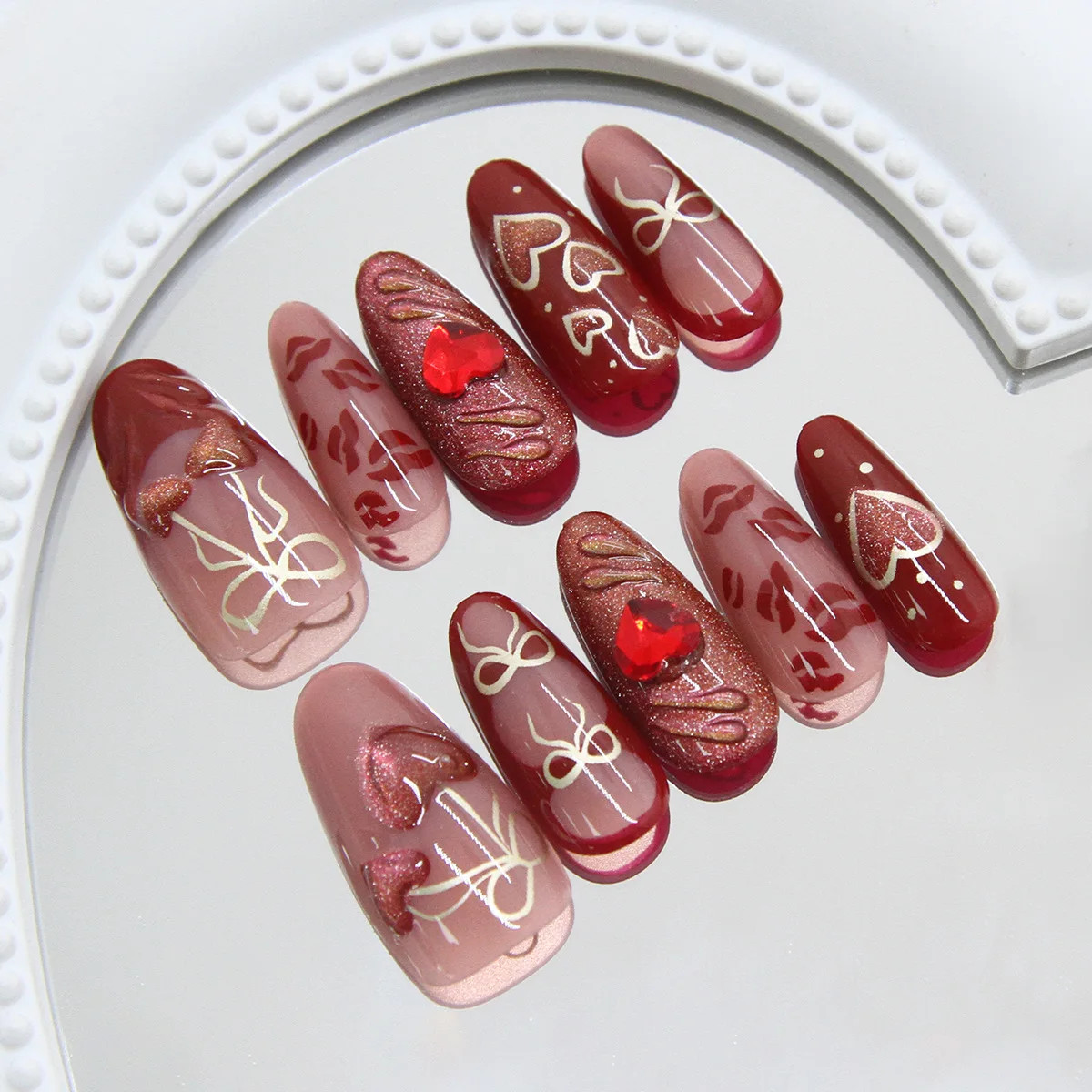 24pcs Red Love Diamond Glitter French Almond Press On Nails Y2k Gold Bow