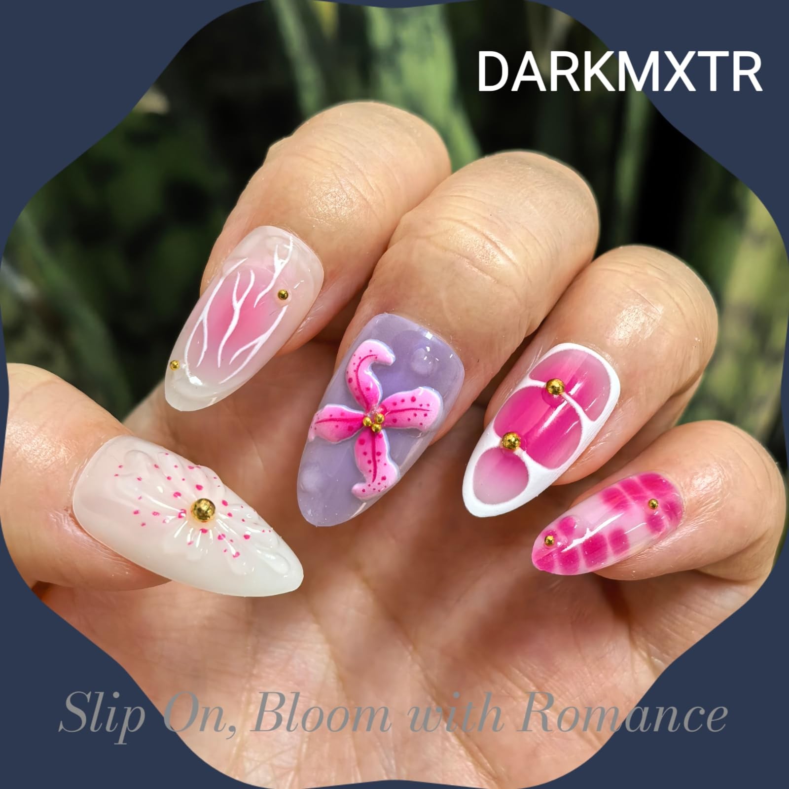 DARKMXTR 30Pcs 3D Floral Press On Nails | Pink & Purple Short, Lilac Bloom