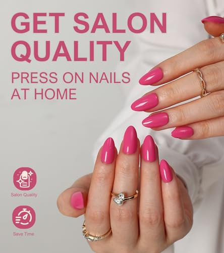 30Pcs Hot Pink Press on Nails Almond, Short Fake Nails Glossy Acrylic False