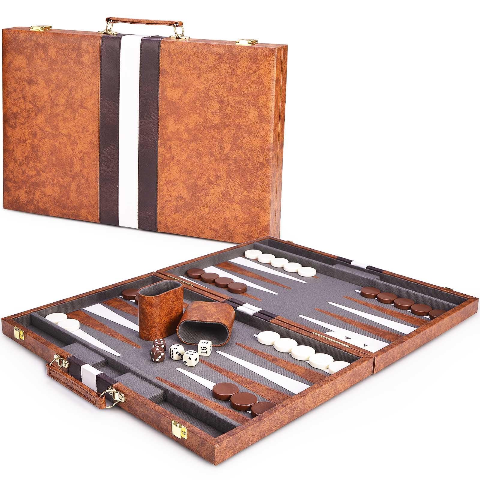 AMEROUS Backgammon Set, 18 Inches Classic Board Game withLeather Large, Brown