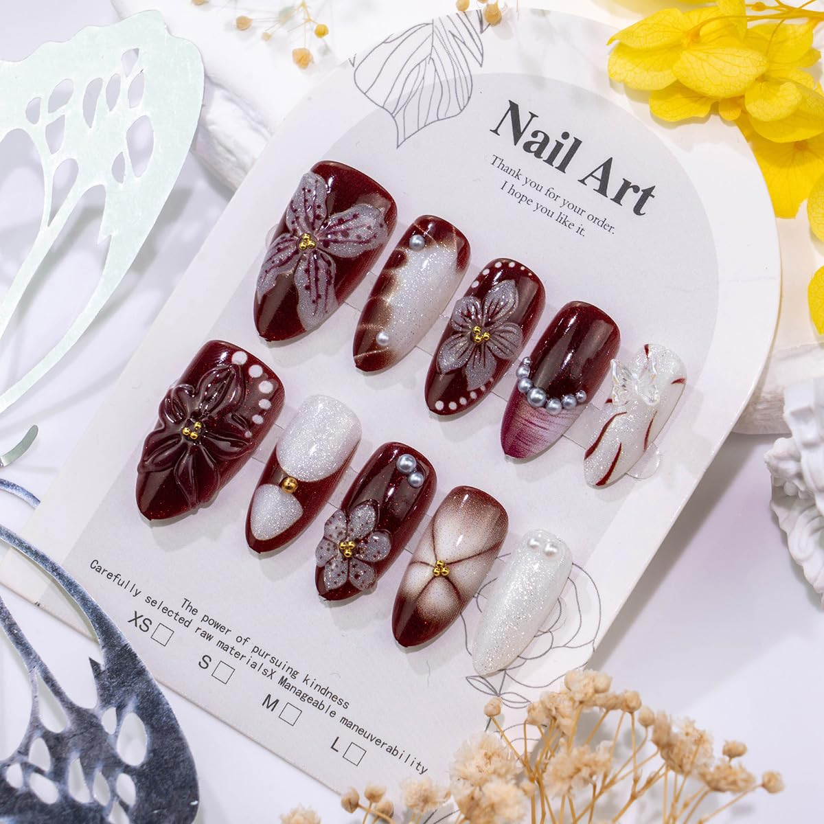 30Pcs Flower Press on Nails Medium Almond Fake Nails 3D Floral with Pearl Design